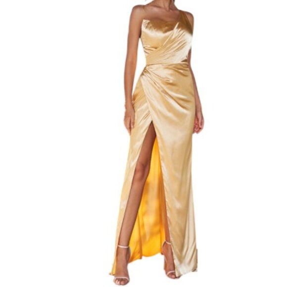 Serendipity Boutique Dresses & Skirts - Elegant Satin Metallic Gold Ruched Asymmetrical Strapless Sexy Split Thigh Gown